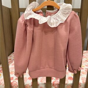 Charming Pink Kids Sweater with Ruffled Collar and Matching Bottom